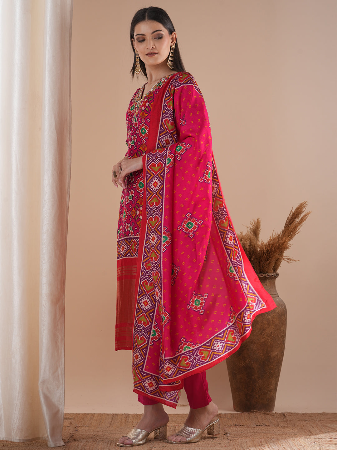 Ethnic Patola Printed & Hand Embroidered Straight Kurta with Pant & Dupatta - Pink