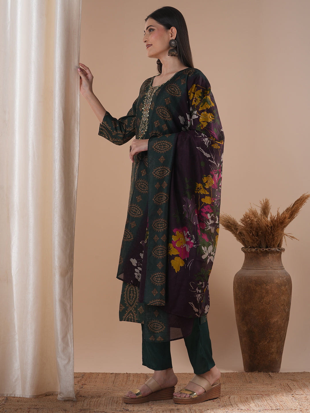 Ethnic Floral Printed & Embroidered Straight Fit Kurta with Pant and Dupatta - Green