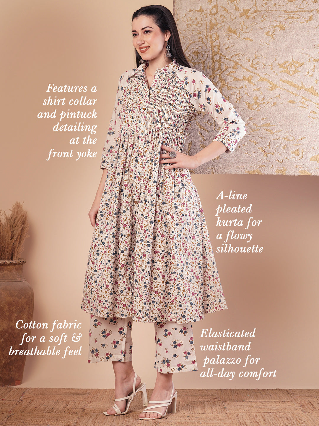 Ethnic Floral Printed Pleated A-Line Pleated Kurta with Palazzo - White