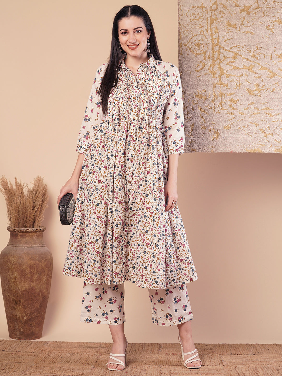 Ethnic Floral Printed Pleated A-Line Pleated Kurta with Palazzo - White