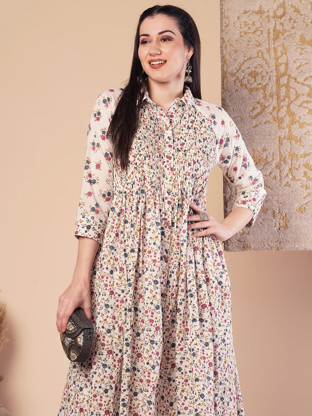 Ethnic Floral Printed Pleated A-Line Pleated Kurta with Palazzo - White