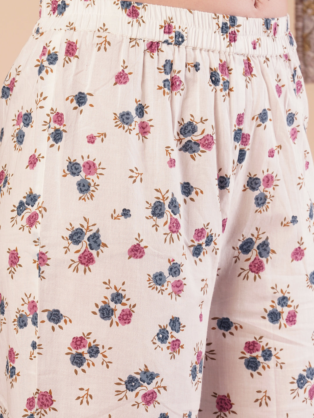 Ethnic Floral Printed Pleated A-Line Pleated Kurta with Palazzo - White