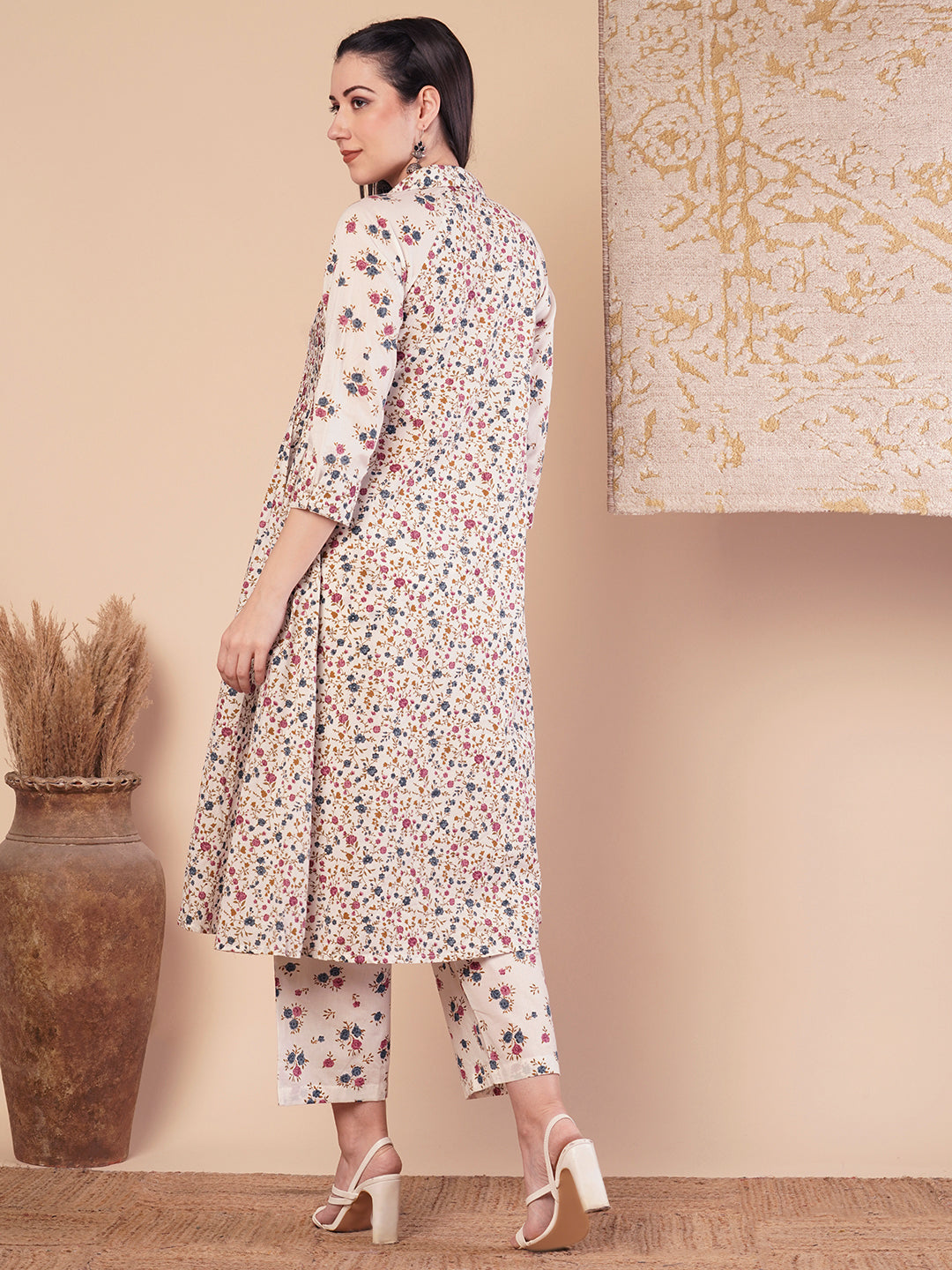 Ethnic Floral Printed Pleated A-Line Pleated Kurta with Palazzo - White