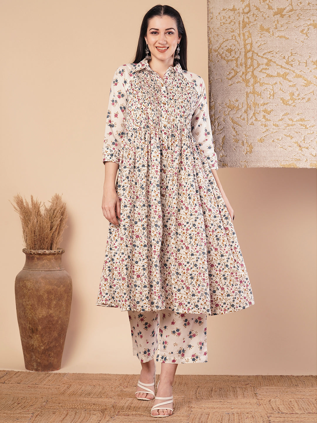 Ethnic Floral Printed Pleated A-Line Pleated Kurta with Palazzo - White
