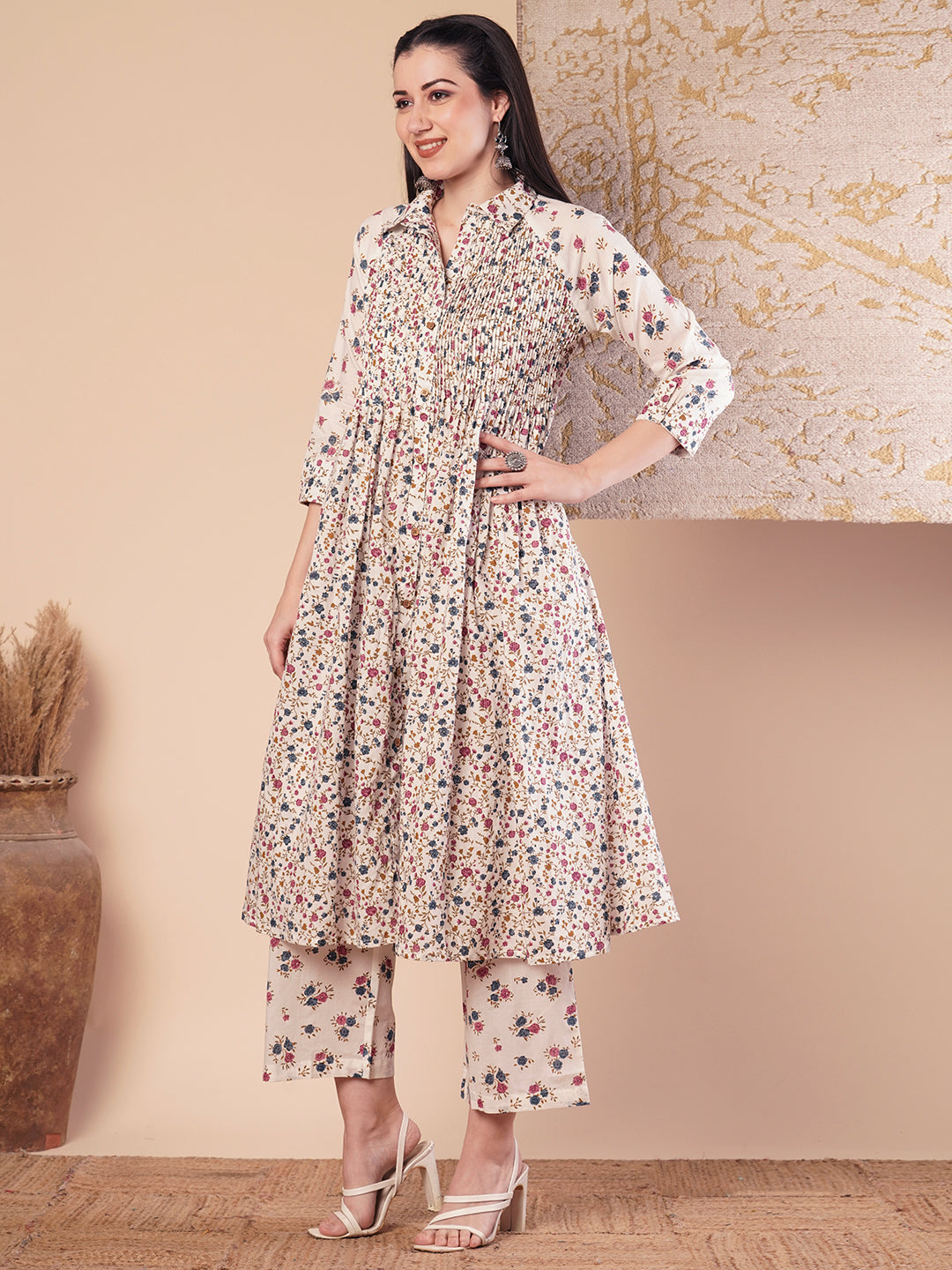 Ethnic Floral Printed Pleated A-Line Pleated Kurta with Palazzo - White