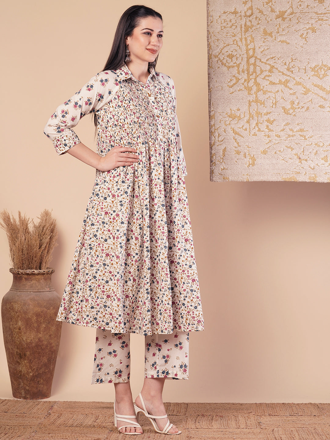 Ethnic Floral Printed Pleated A-Line Pleated Kurta with Palazzo - White