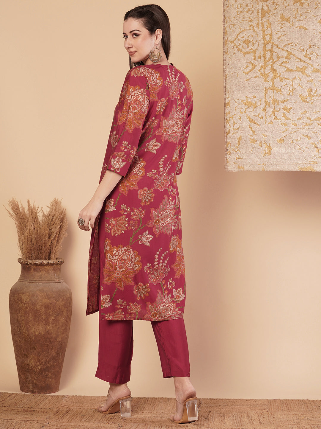 Ethnic Floral Printed &A-Line Pleated Kurta with Pant - Red