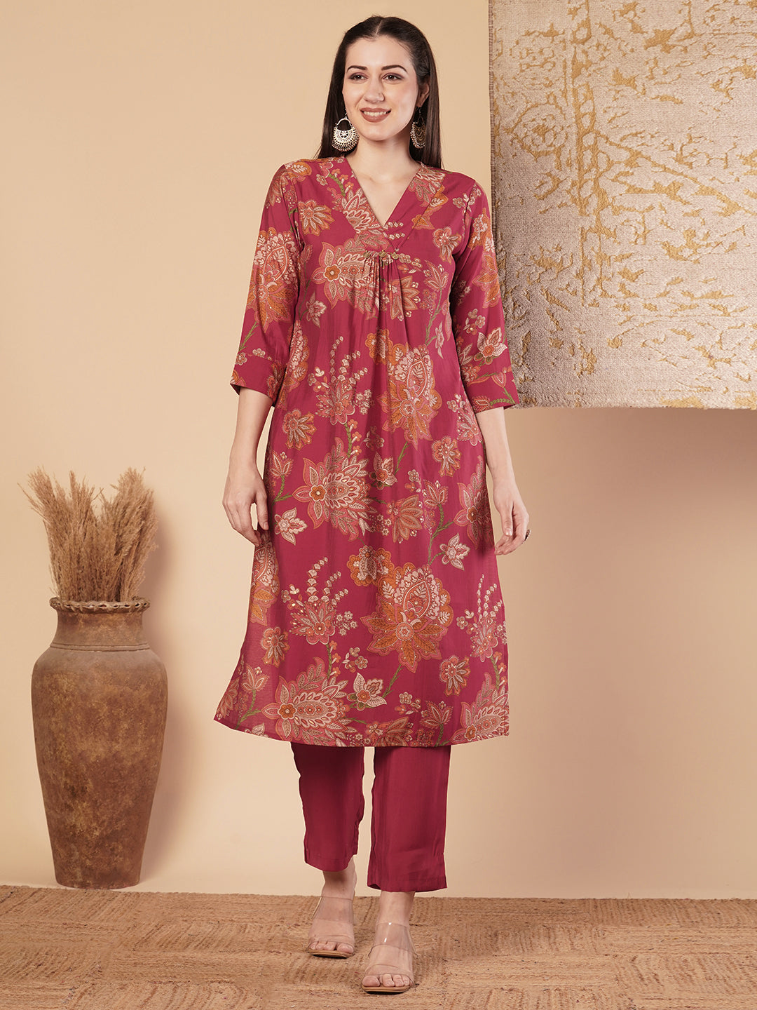 Ethnic Floral Printed &A-Line Pleated Kurta with Pant - Red