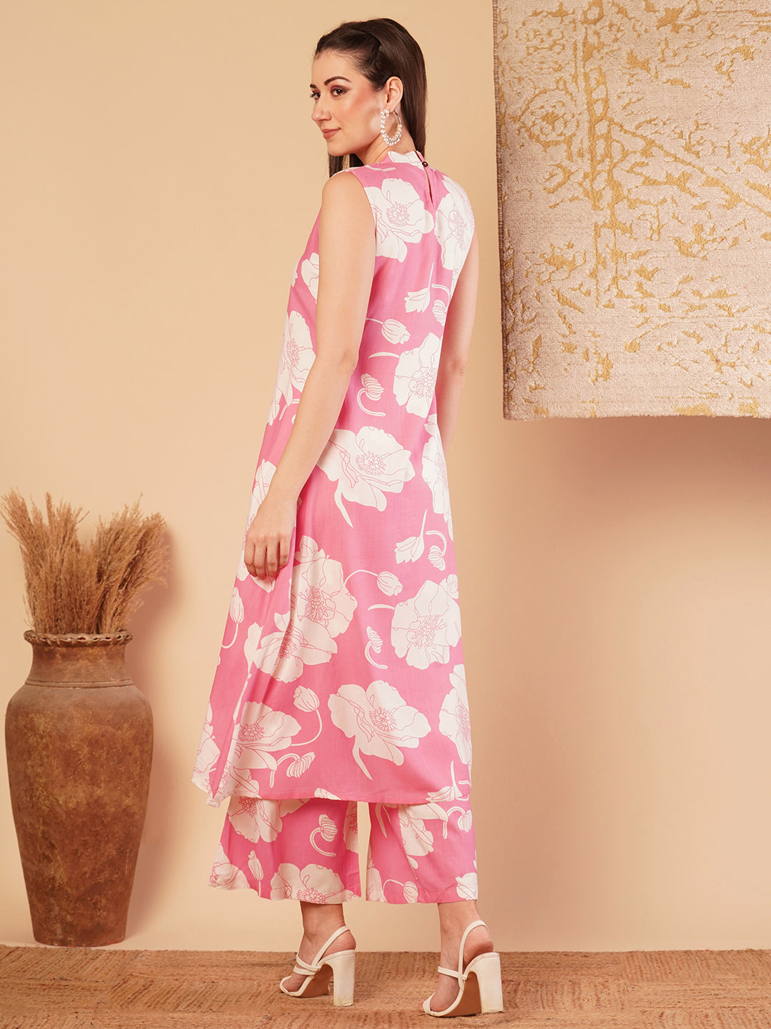 Abstract Floral Printed A-Line Paneled Co-ord Set -Pink