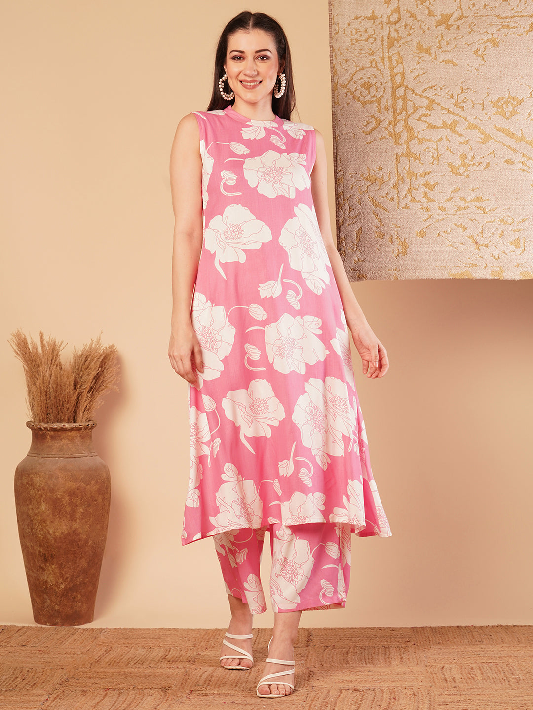 Abstract Floral Printed A-Line Paneled Co-ord Set -Pink