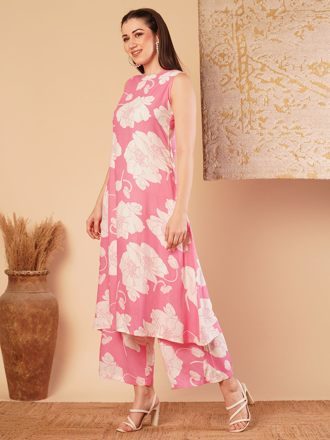 Abstract Floral Printed A-Line Paneled Co-ord Set -Pink