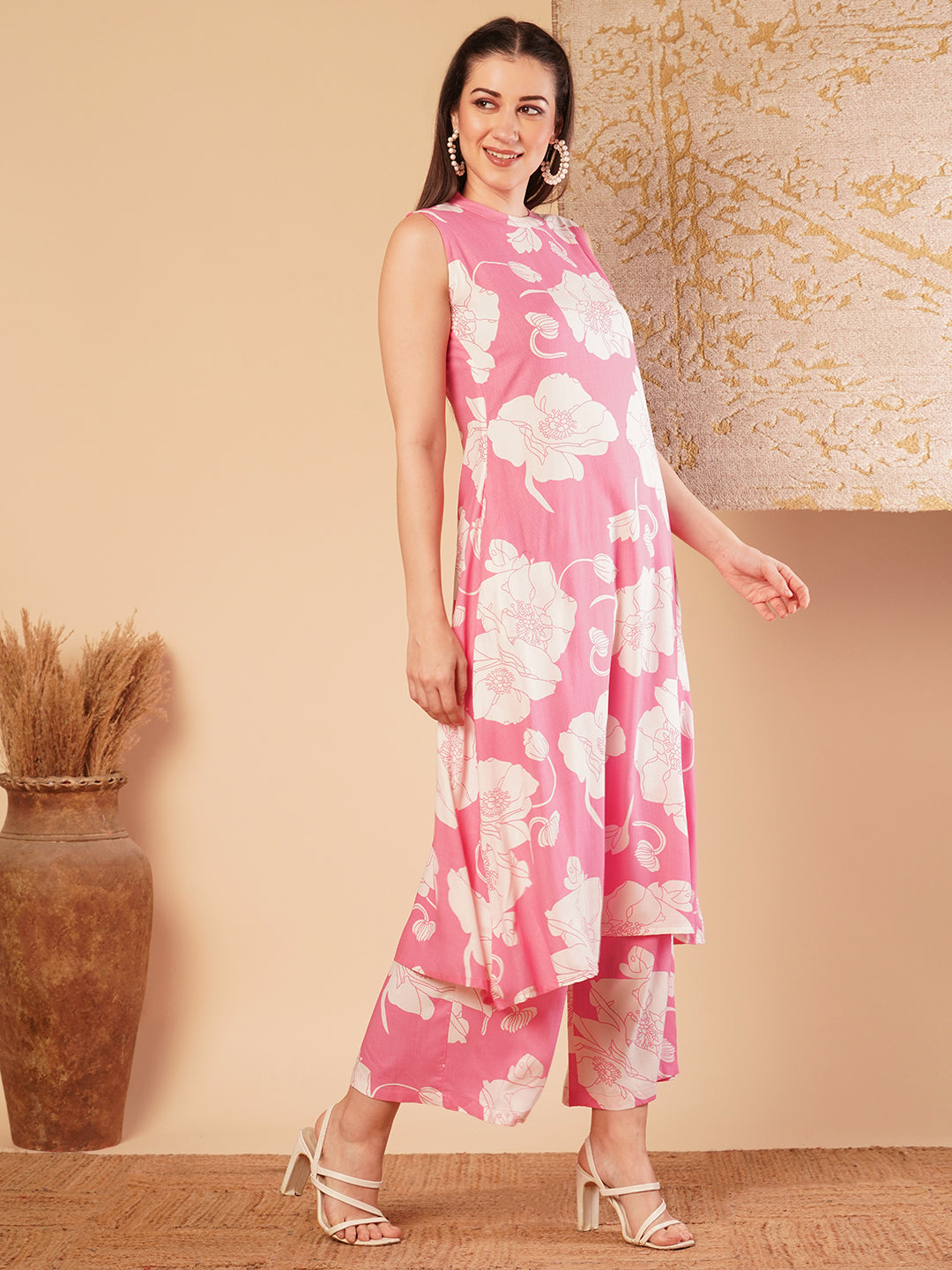 Abstract Floral Printed A-Line Paneled Co-ord Set -Pink