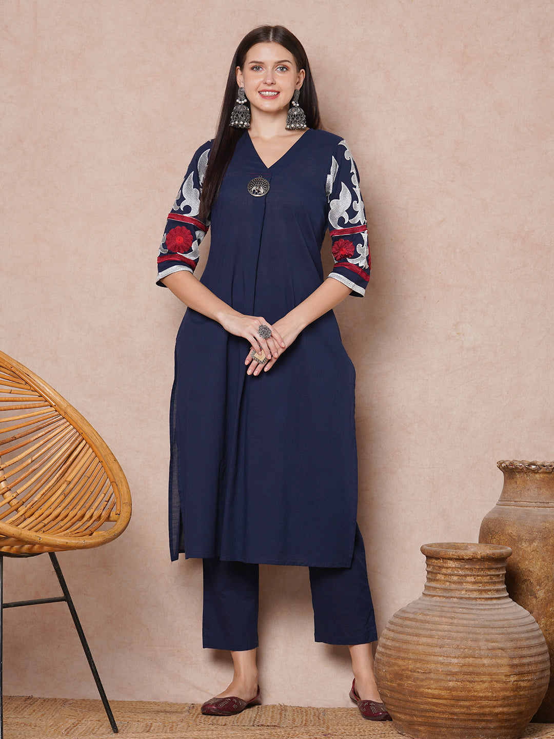 Solid Floral Thread Embroidered A-Line Pleated Kurta with Pant - Blue