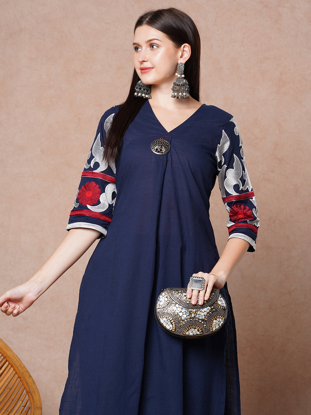 Solid Floral Thread Embroidered A-Line Pleated Kurta with Pant - Blue