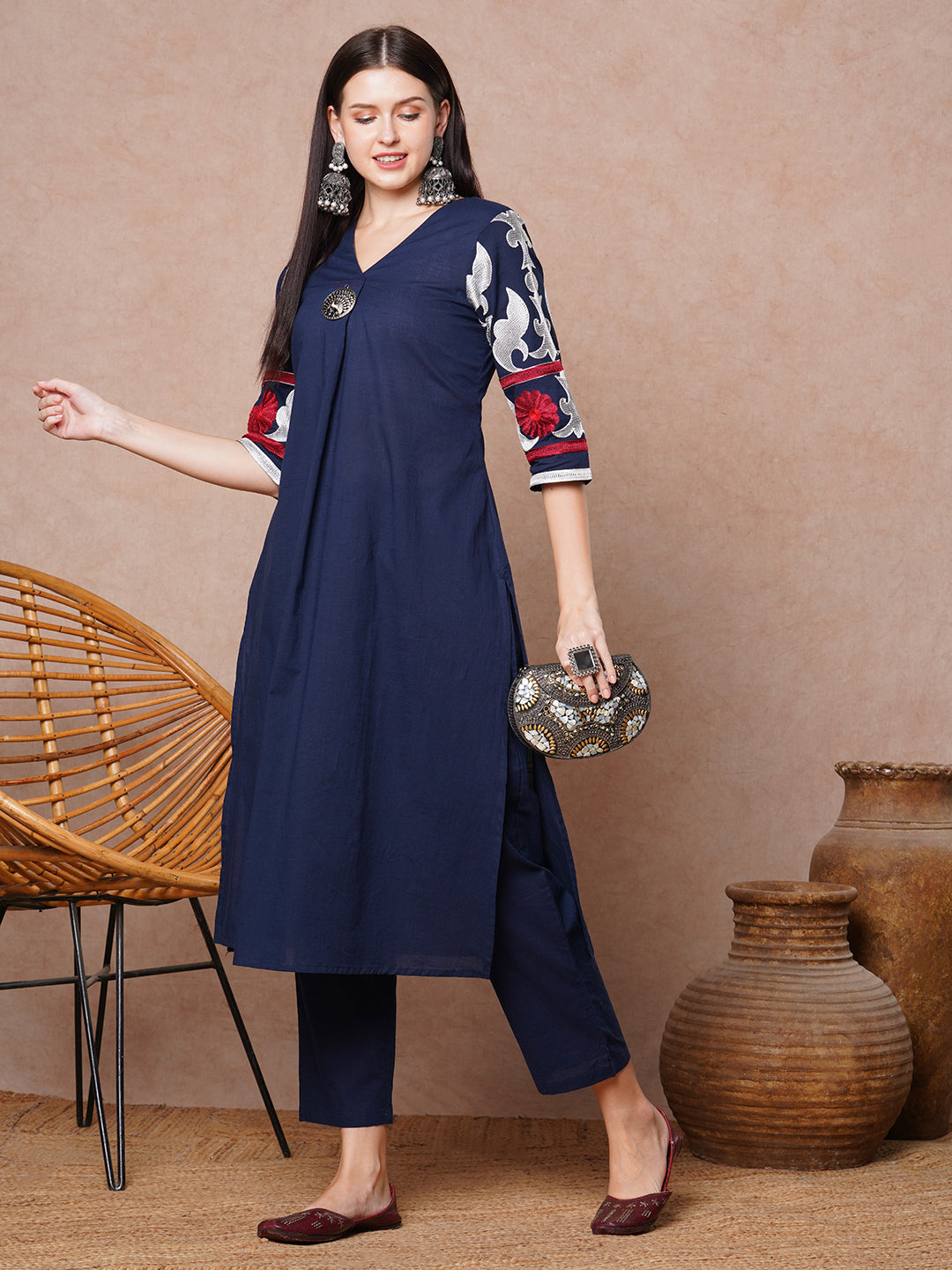 Solid Floral Thread Embroidered A-Line Pleated Kurta with Pant - Blue