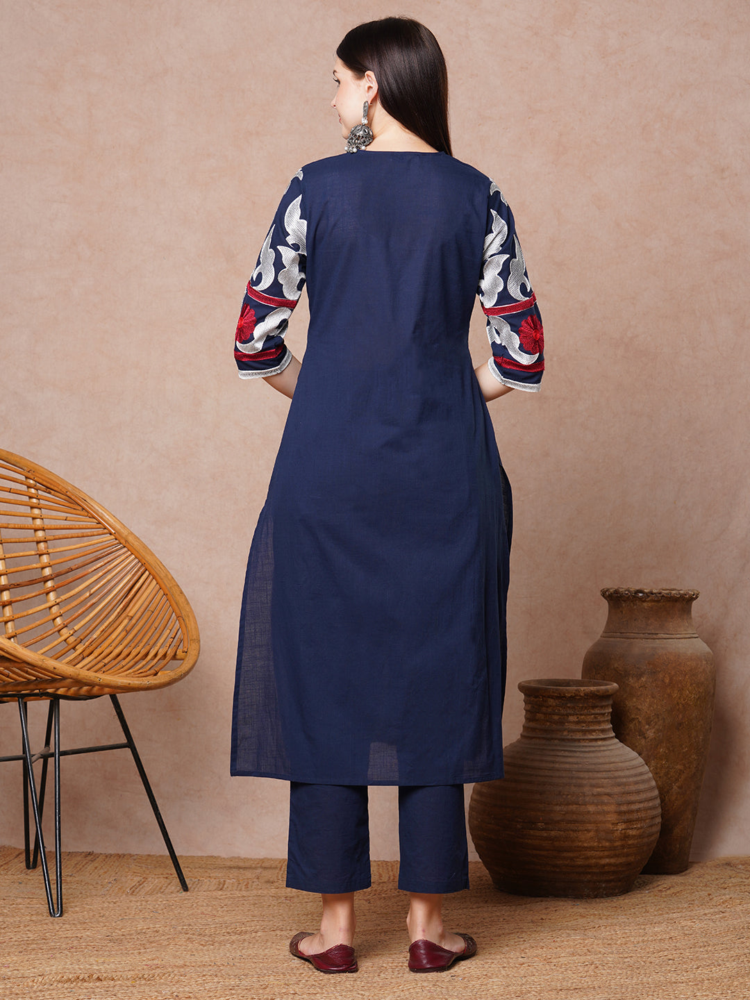 Solid Floral Thread Embroidered A-Line Pleated Kurta with Pant - Blue