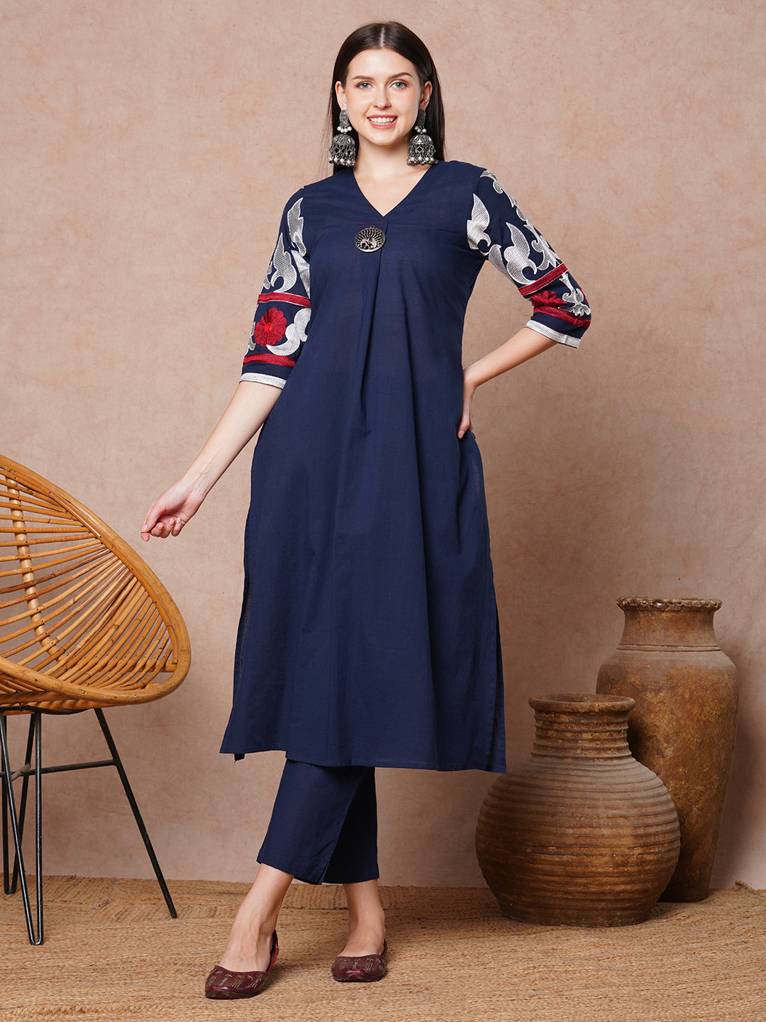 Solid Floral Thread Embroidered A-Line Pleated Kurta with Pant - Blue