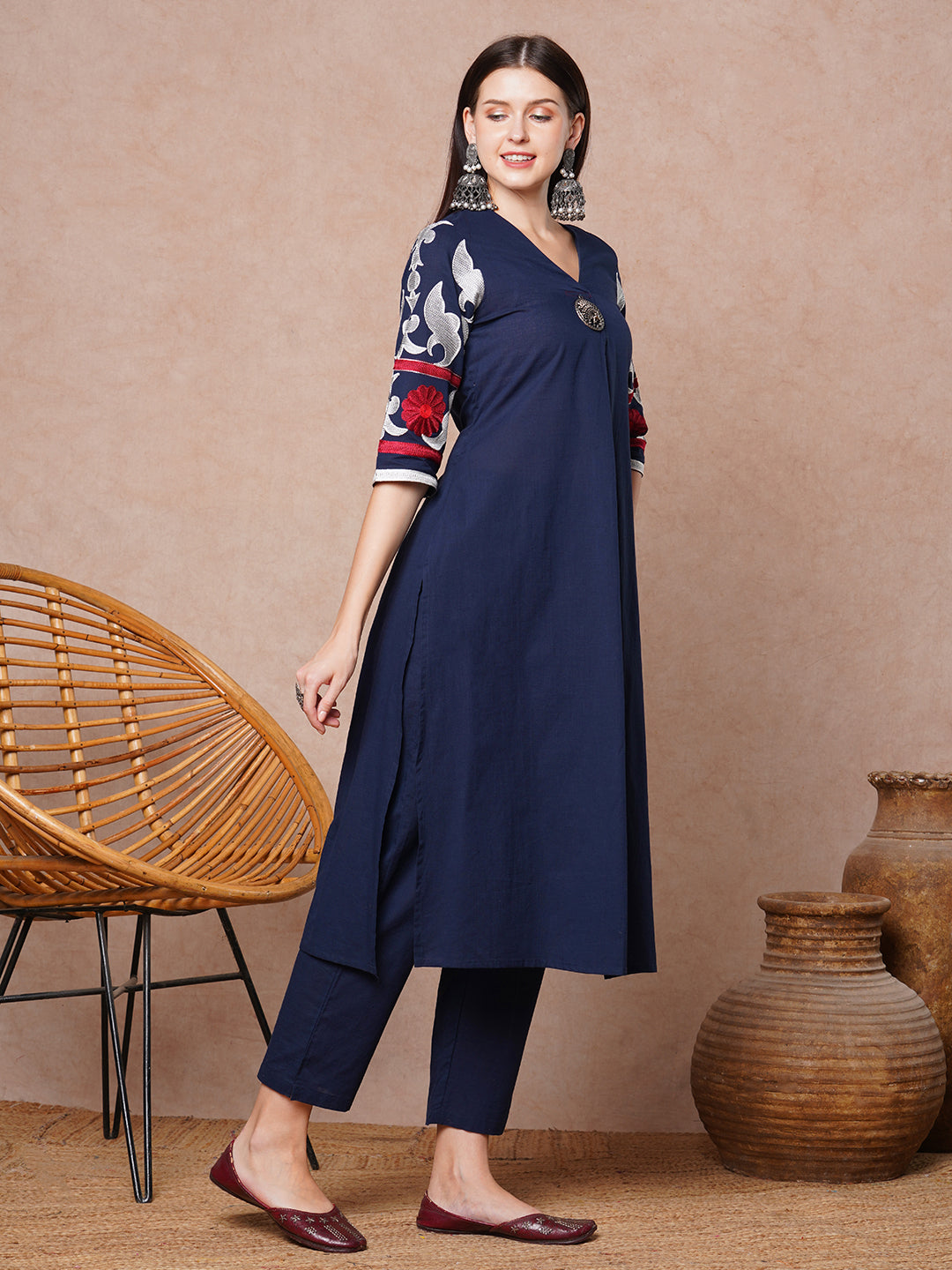 Solid Floral Thread Embroidered A-Line Pleated Kurta with Pant - Blue