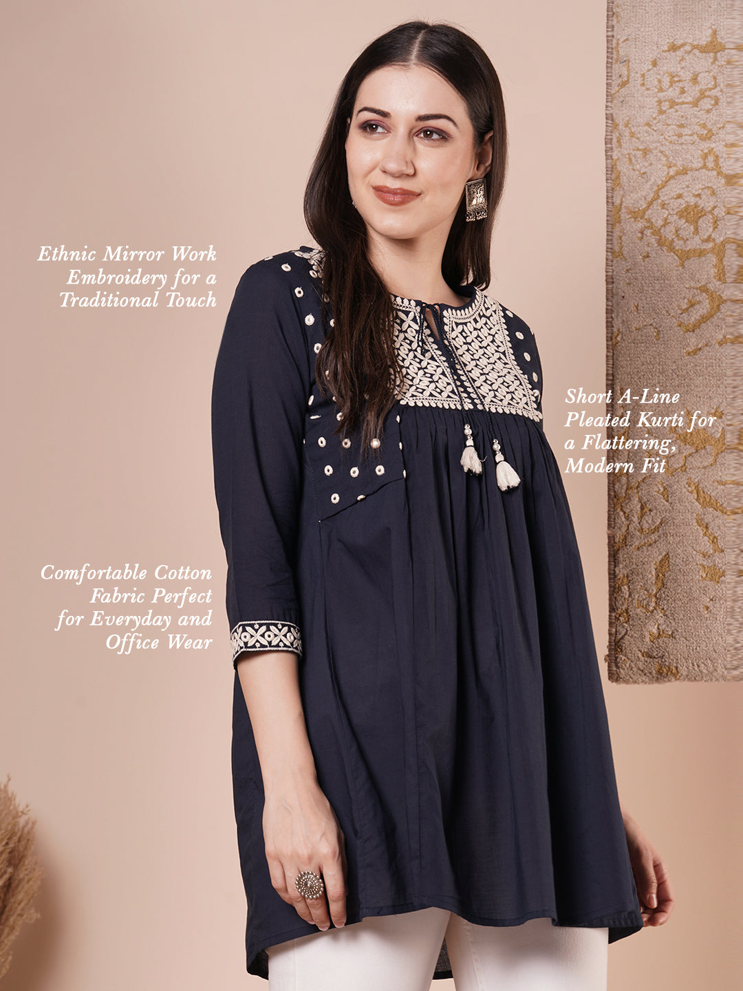 Solid Ethnic Embroidered A-Line Pleated Shirt Kurti - Blue