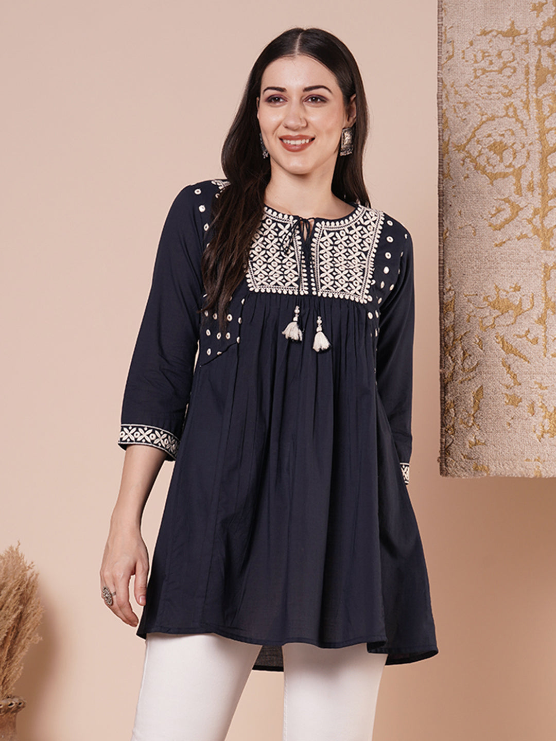 Solid Ethnic Embroidered A-Line Pleated Shirt Kurti - Blue