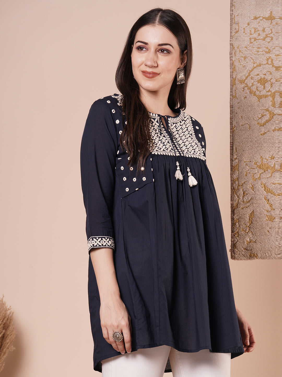 Solid Ethnic Embroidered A-Line Pleated Shirt Kurti - Blue