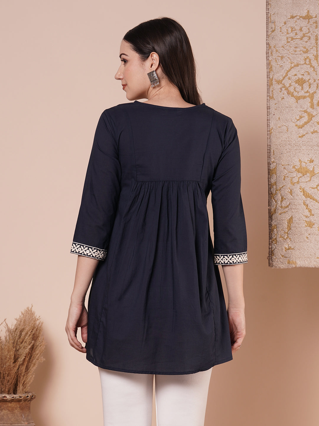 Solid Ethnic Embroidered A-Line Pleated Shirt Kurti - Blue