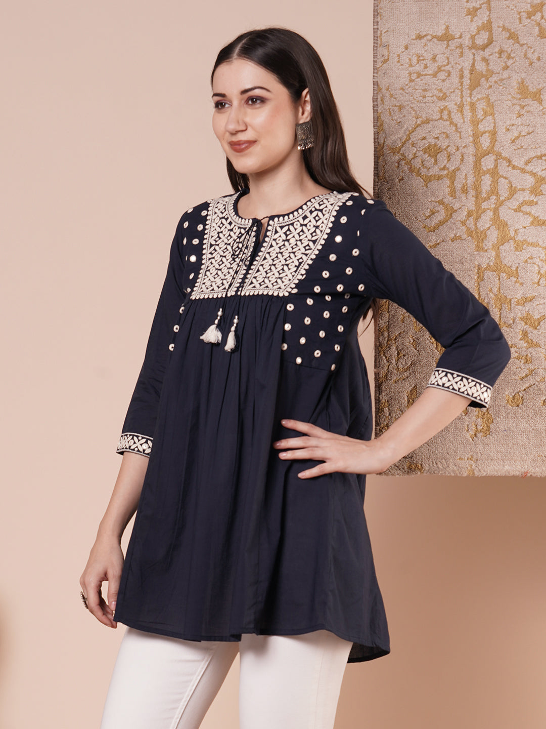 Solid Ethnic Embroidered A-Line Pleated Shirt Kurti - Blue