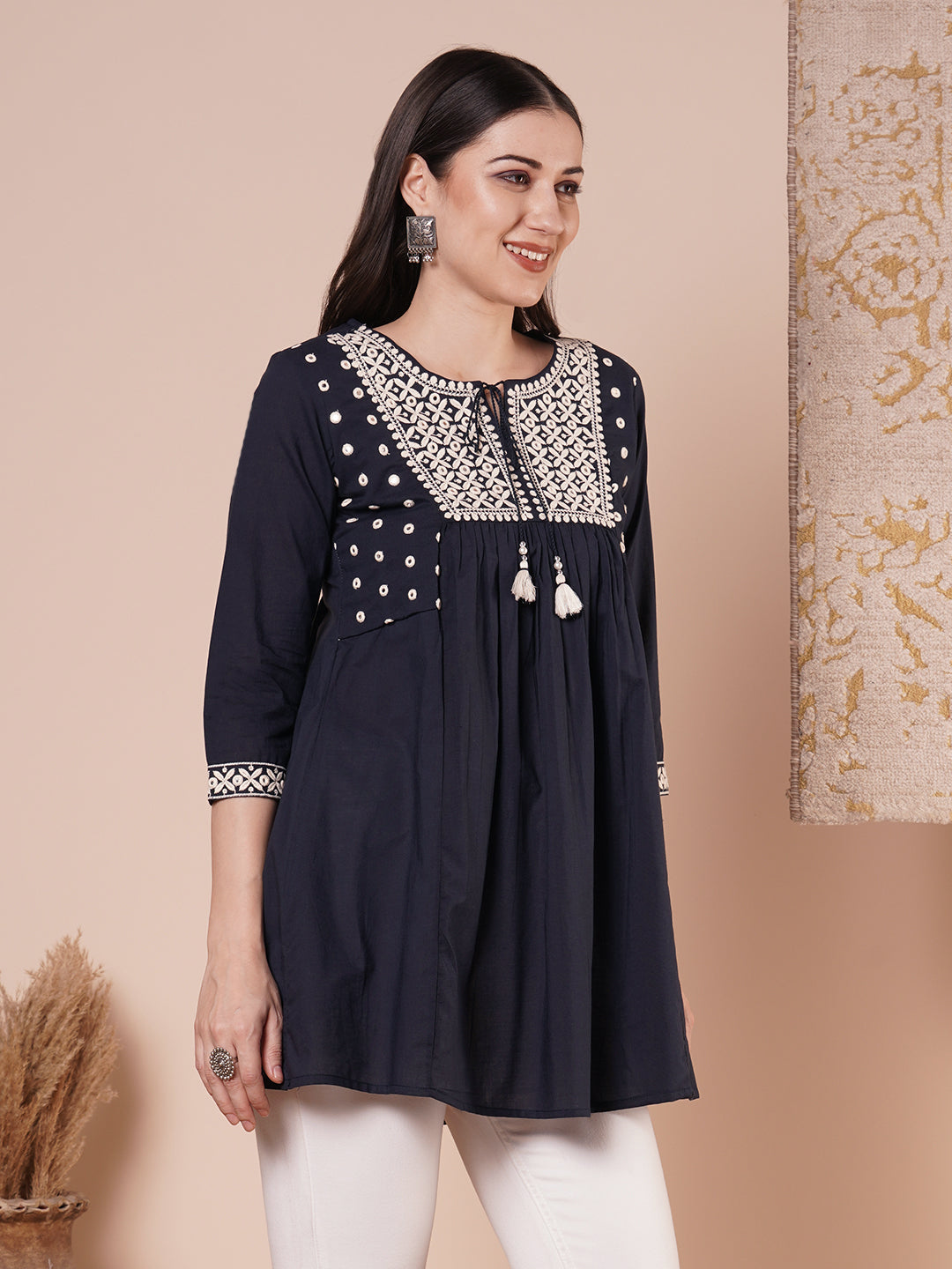 Solid Ethnic Embroidered A-Line Pleated Shirt Kurti - Blue