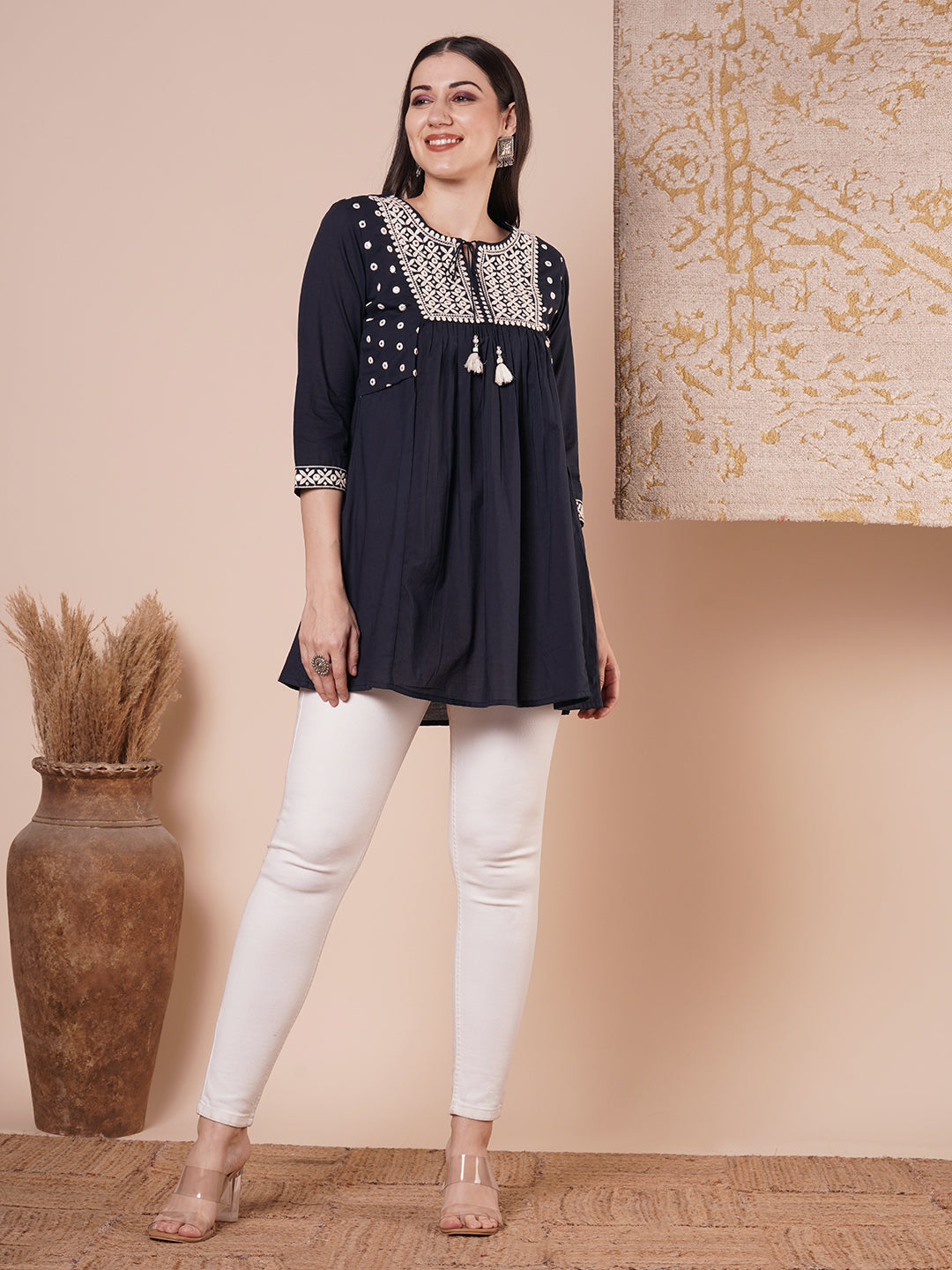 Solid Ethnic Embroidered A-Line Pleated Shirt Kurti - Blue