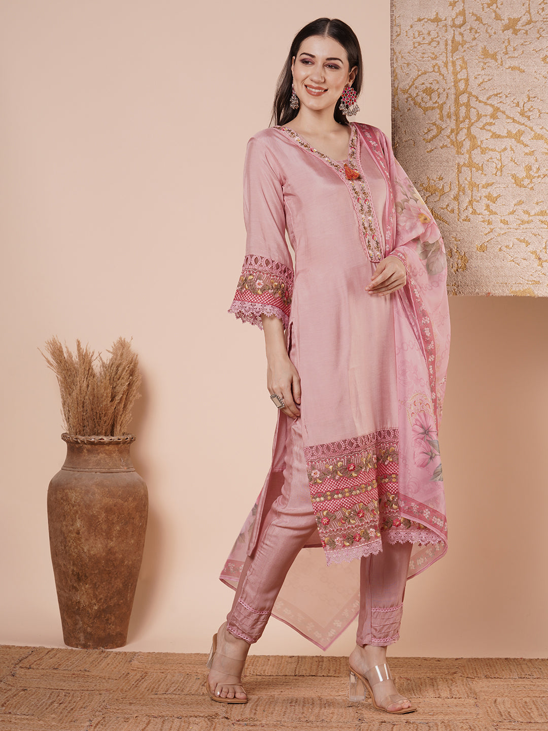 Floral Printed & Embroidered Straight Kurta with Pant & Dupatta - Pink