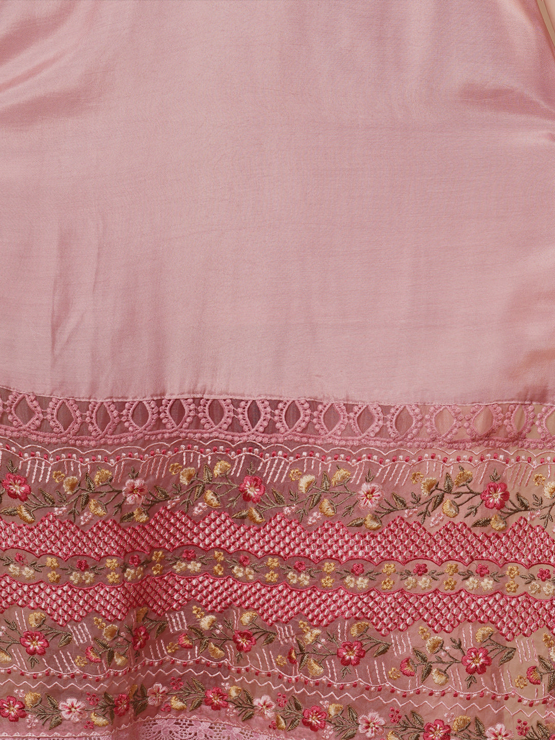 Floral Printed & Embroidered Straight Kurta with Pant & Dupatta - Pink
