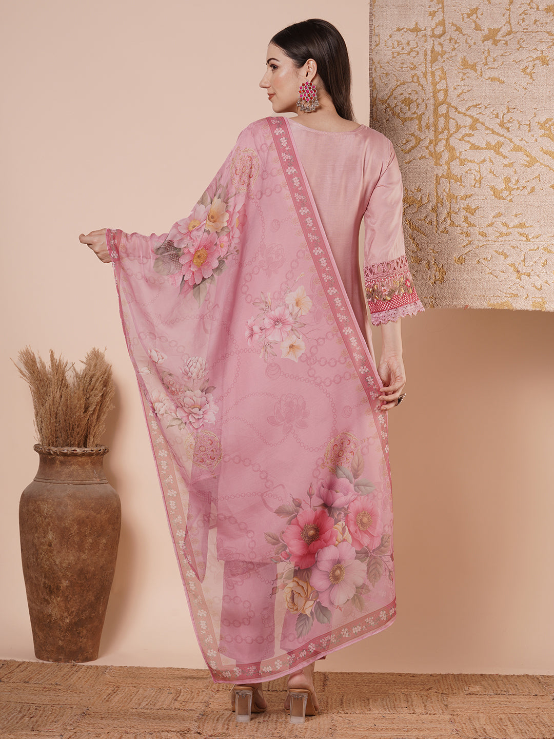 Floral Printed & Embroidered Straight Kurta with Pant & Dupatta - Pink