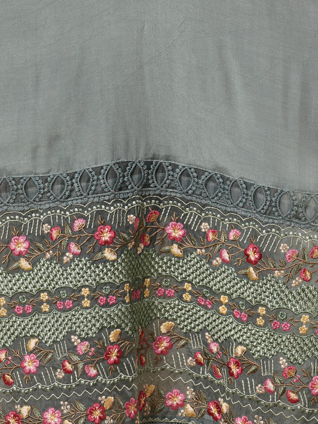 Solid Ethnic Floral Embroidered Straight Fit Kurta with Pant and Dupatta - Blue