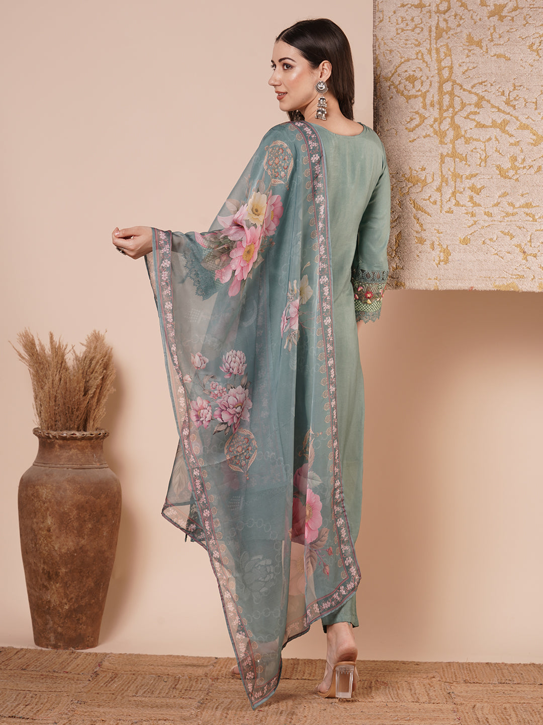 Solid Ethnic Floral Embroidered Straight Fit Kurta with Pant and Dupatta - Blue
