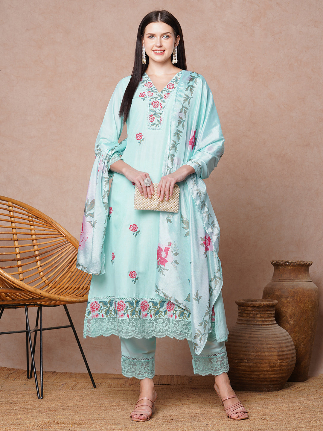 Floral Printed A-Line Flared & Kurta with Pant & Dupatta - Light Blue