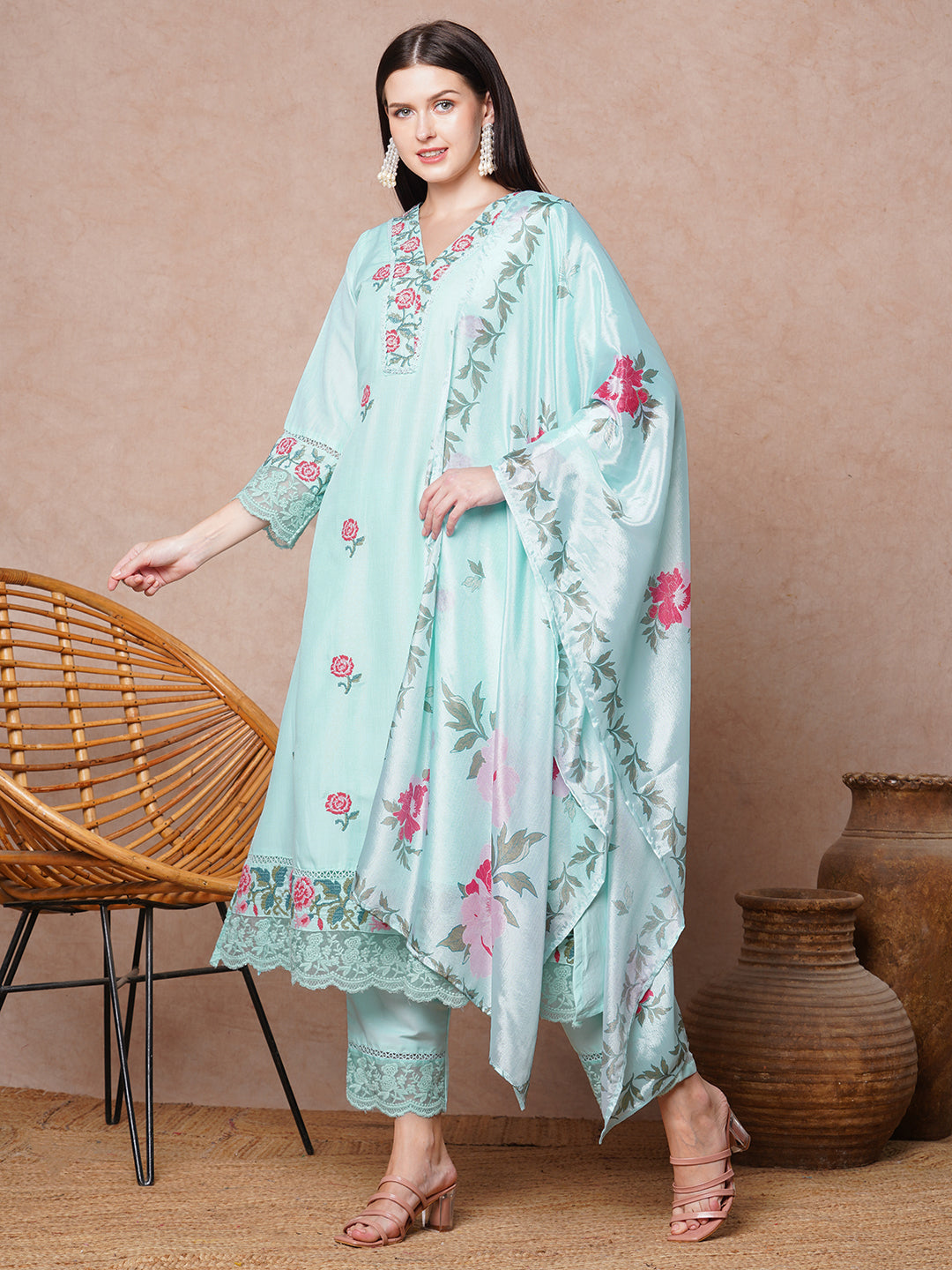 Floral Printed A-Line Flared & Kurta with Pant & Dupatta - Light Blue