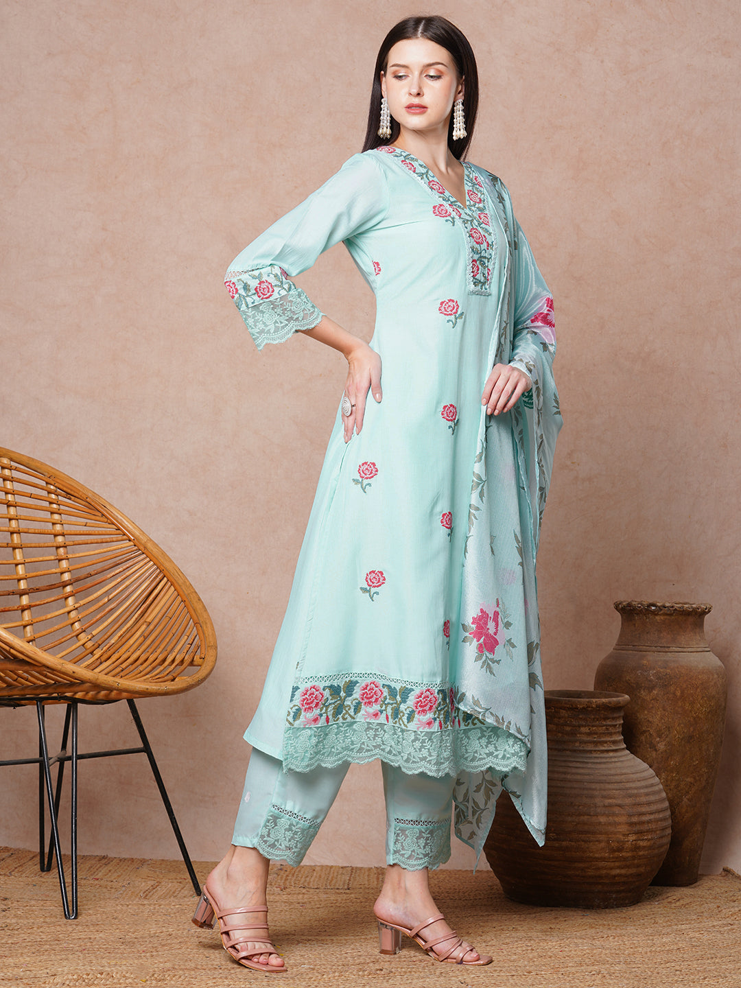Floral Printed A-Line Flared & Kurta with Pant & Dupatta - Light Blue