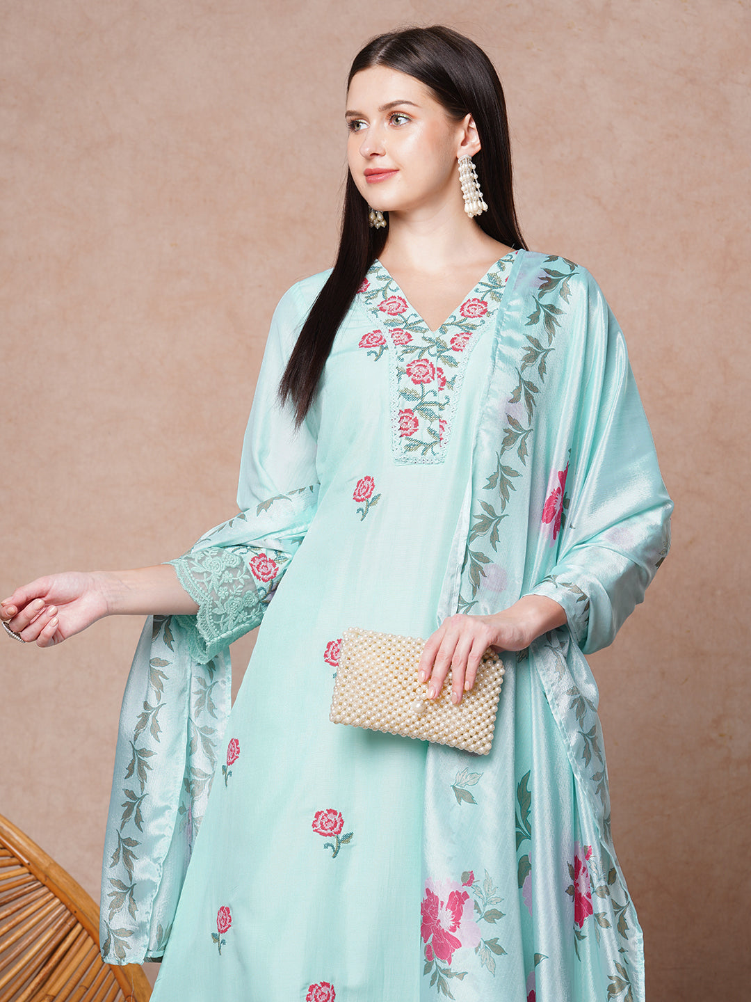 Floral Printed A-Line Flared & Kurta with Pant & Dupatta - Light Blue