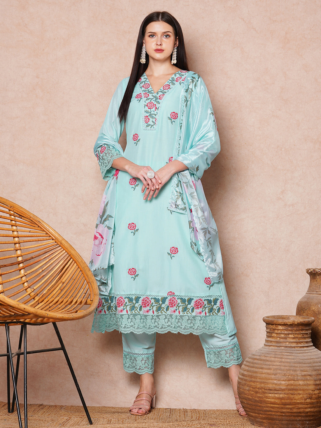 Floral Printed A-Line Flared & Kurta with Pant & Dupatta - Light Blue