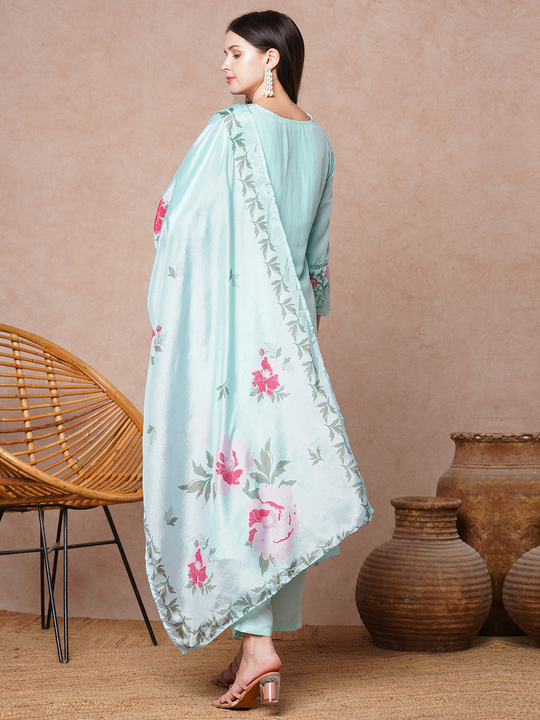 Floral Printed A-Line Flared & Kurta with Pant & Dupatta - Light Blue