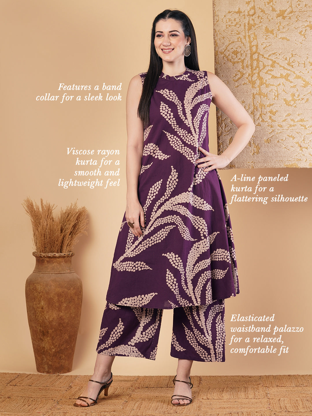 Abstract Floral Printed A-Line Paneled Co-ord Set -Purple