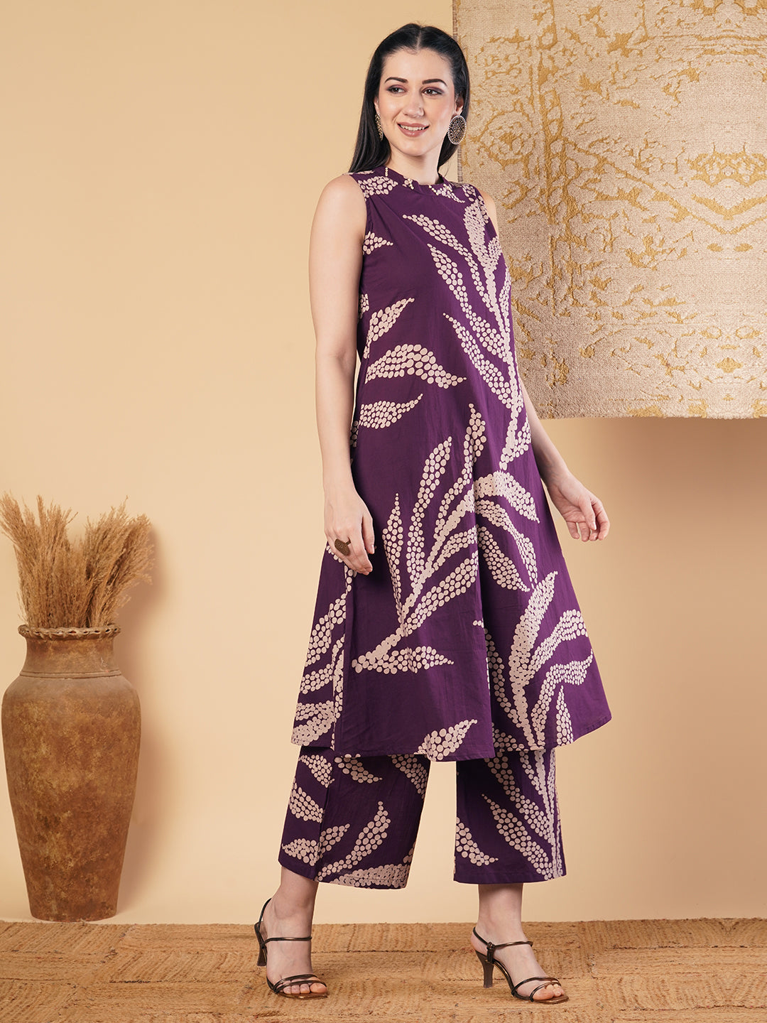 Abstract Floral Printed A-Line Paneled Co-ord Set -Purple