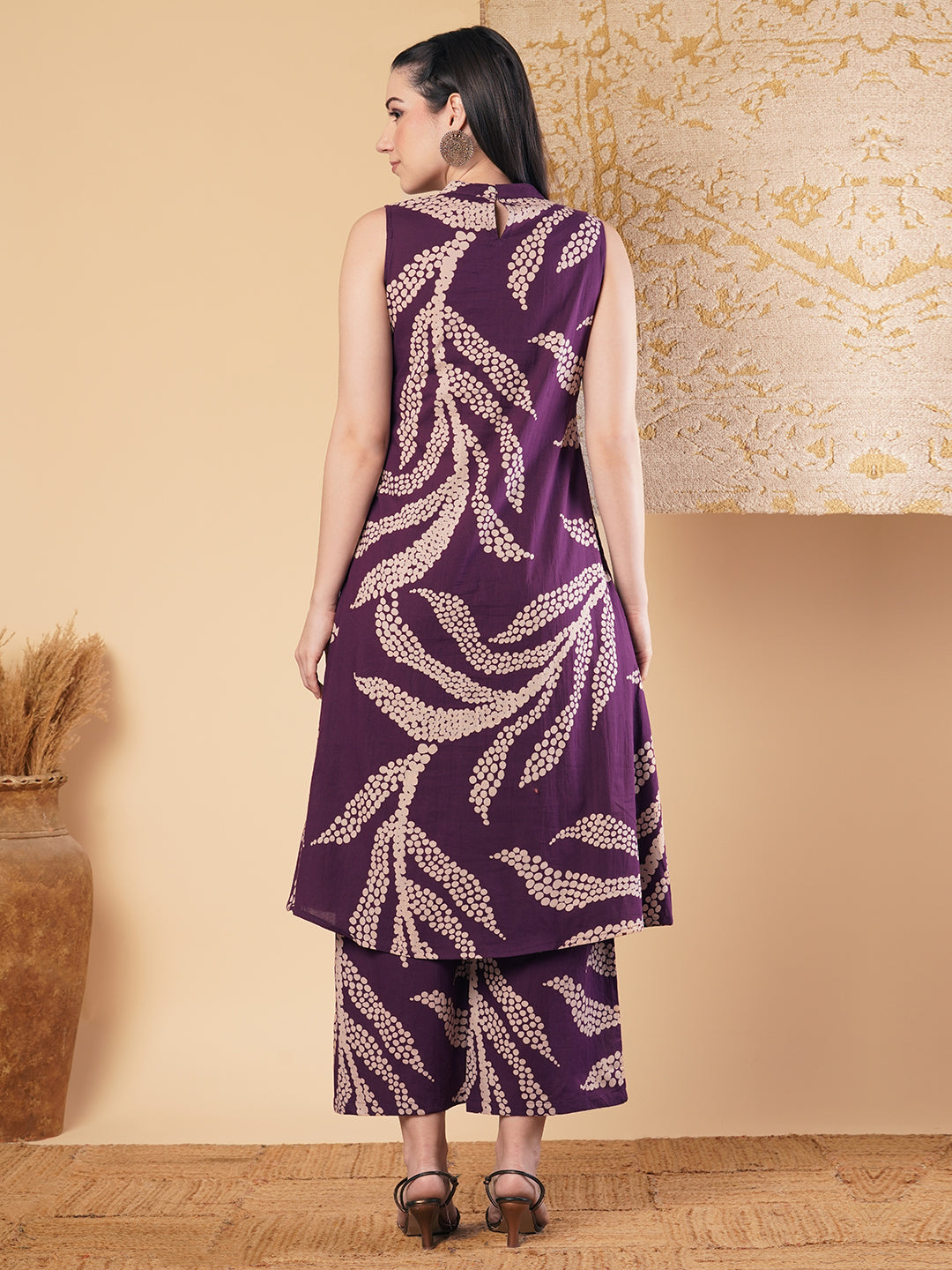 Abstract Floral Printed A-Line Paneled Co-ord Set -Purple