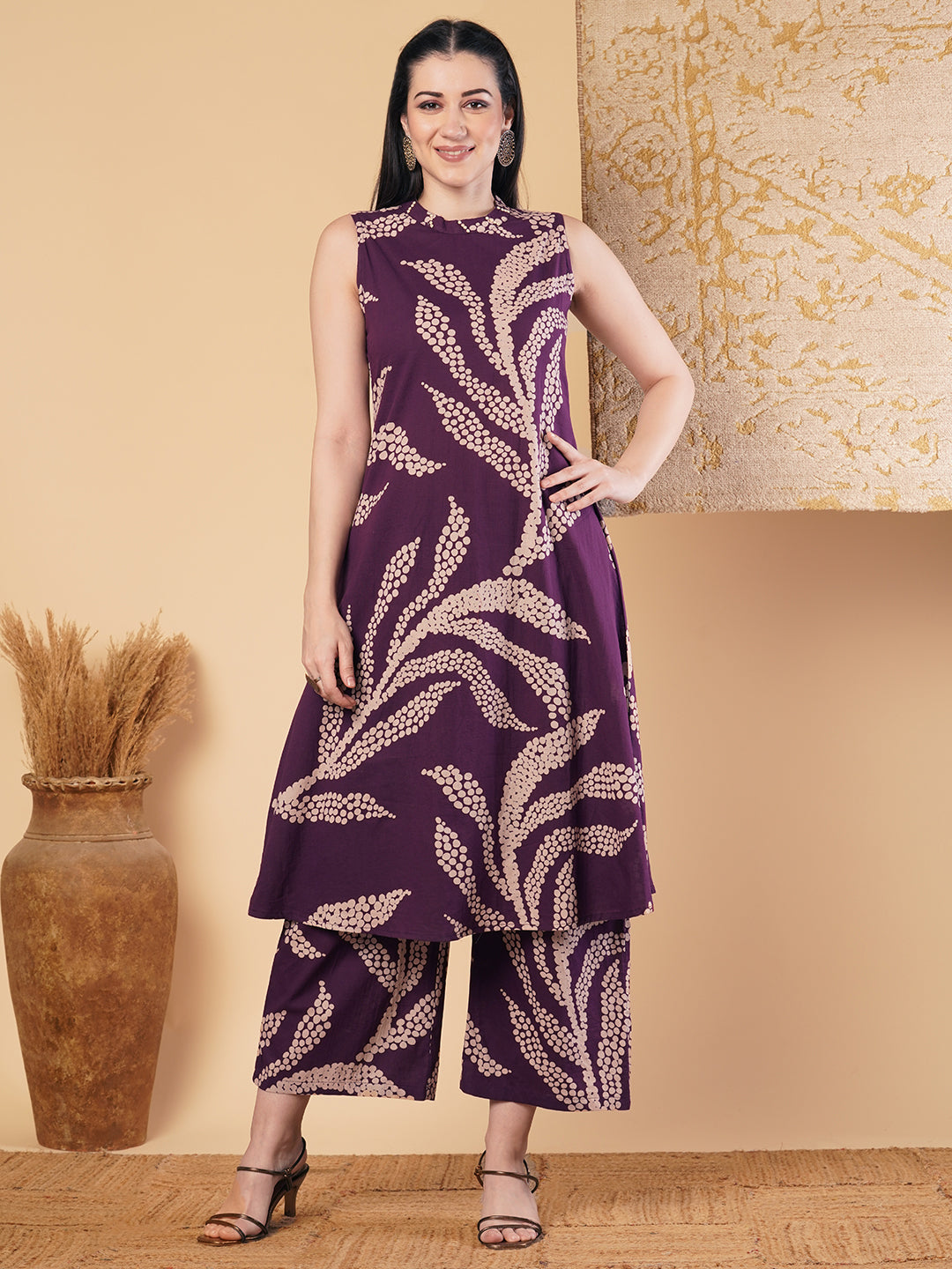 Abstract Floral Printed A-Line Paneled Co-ord Set -Purple