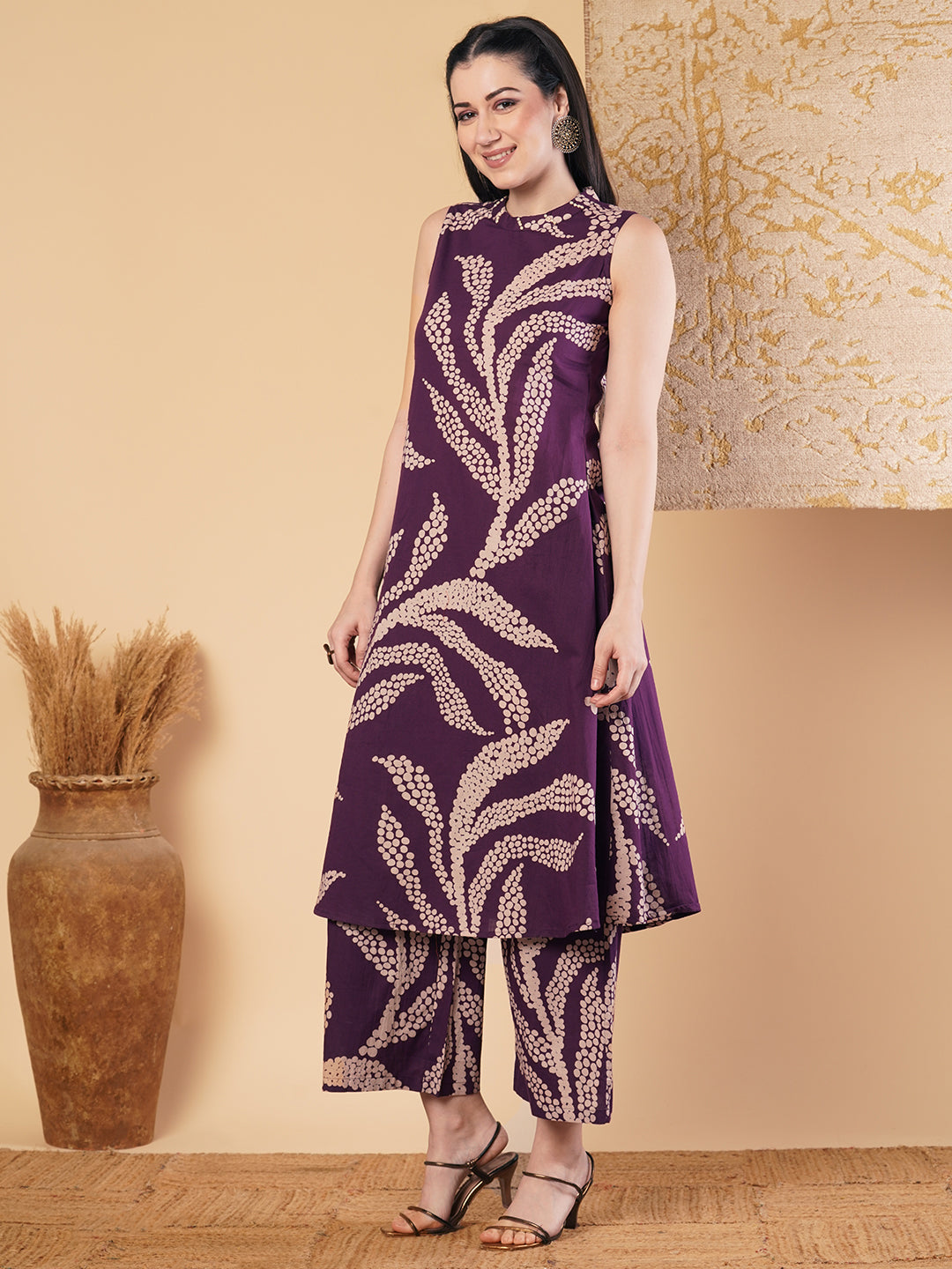 Abstract Floral Printed A-Line Paneled Co-ord Set -Purple