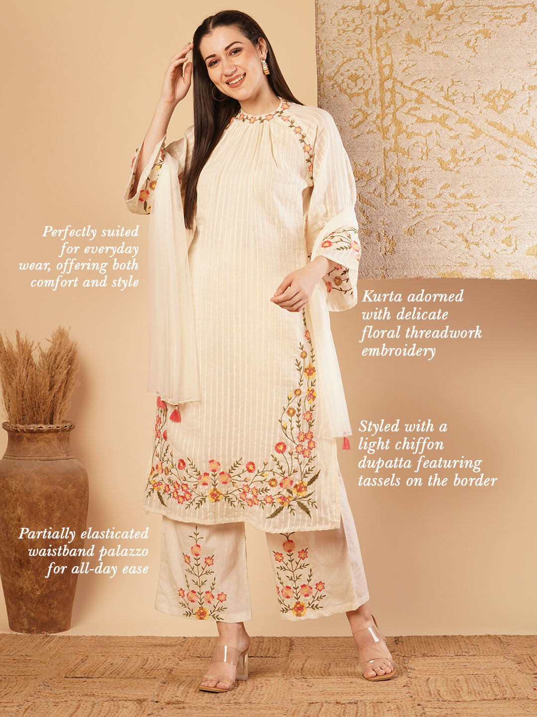 Solid Floral Embroidered Straight Fit Kurta with Palazzo & Dupatta - Off White
