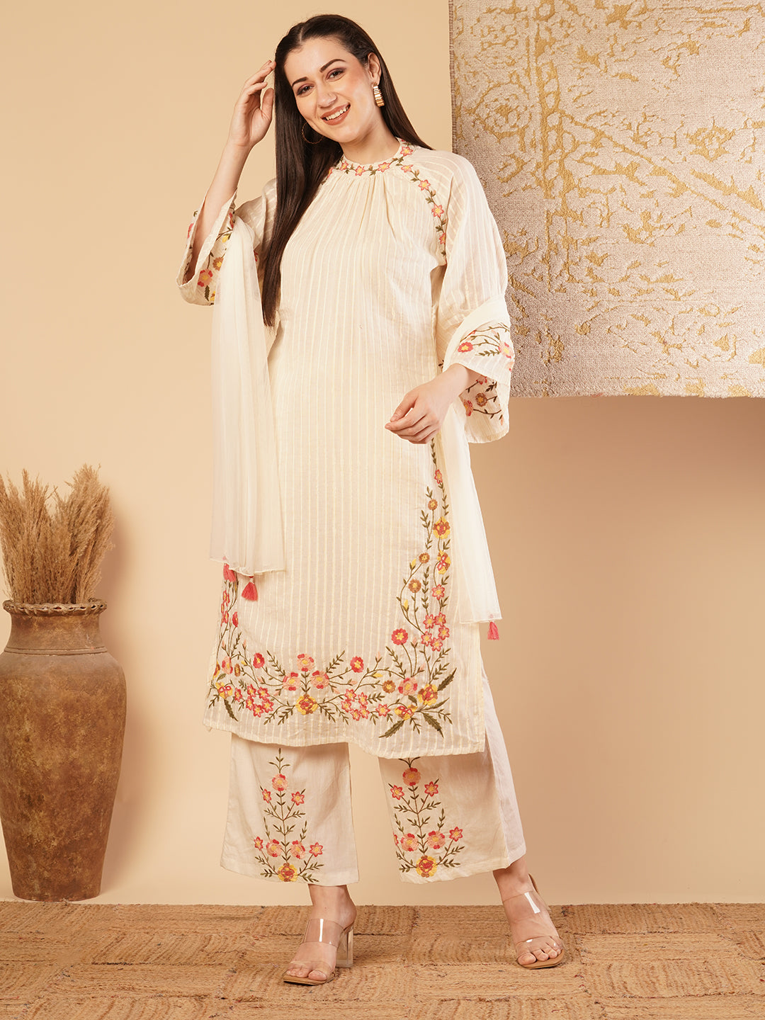 Solid Floral Embroidered Straight Fit Kurta with Palazzo & Dupatta - Off White