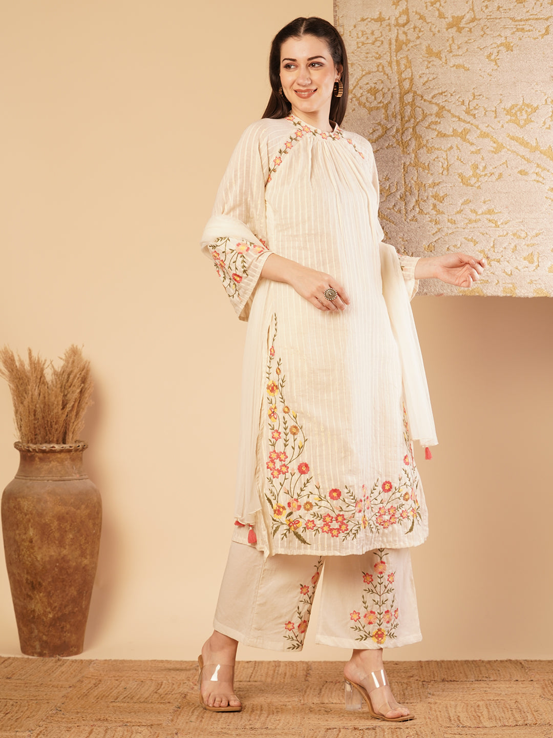 Solid Floral Embroidered Straight Fit Kurta with Palazzo & Dupatta - Off White