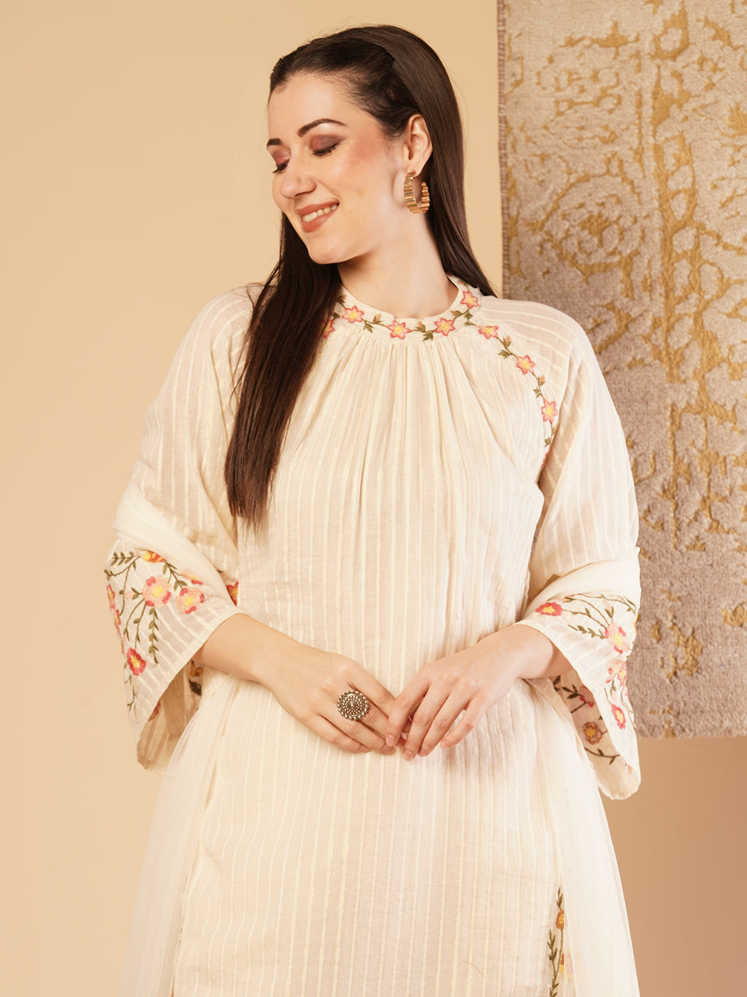 Solid Floral Embroidered Straight Fit Kurta with Palazzo & Dupatta - Off White