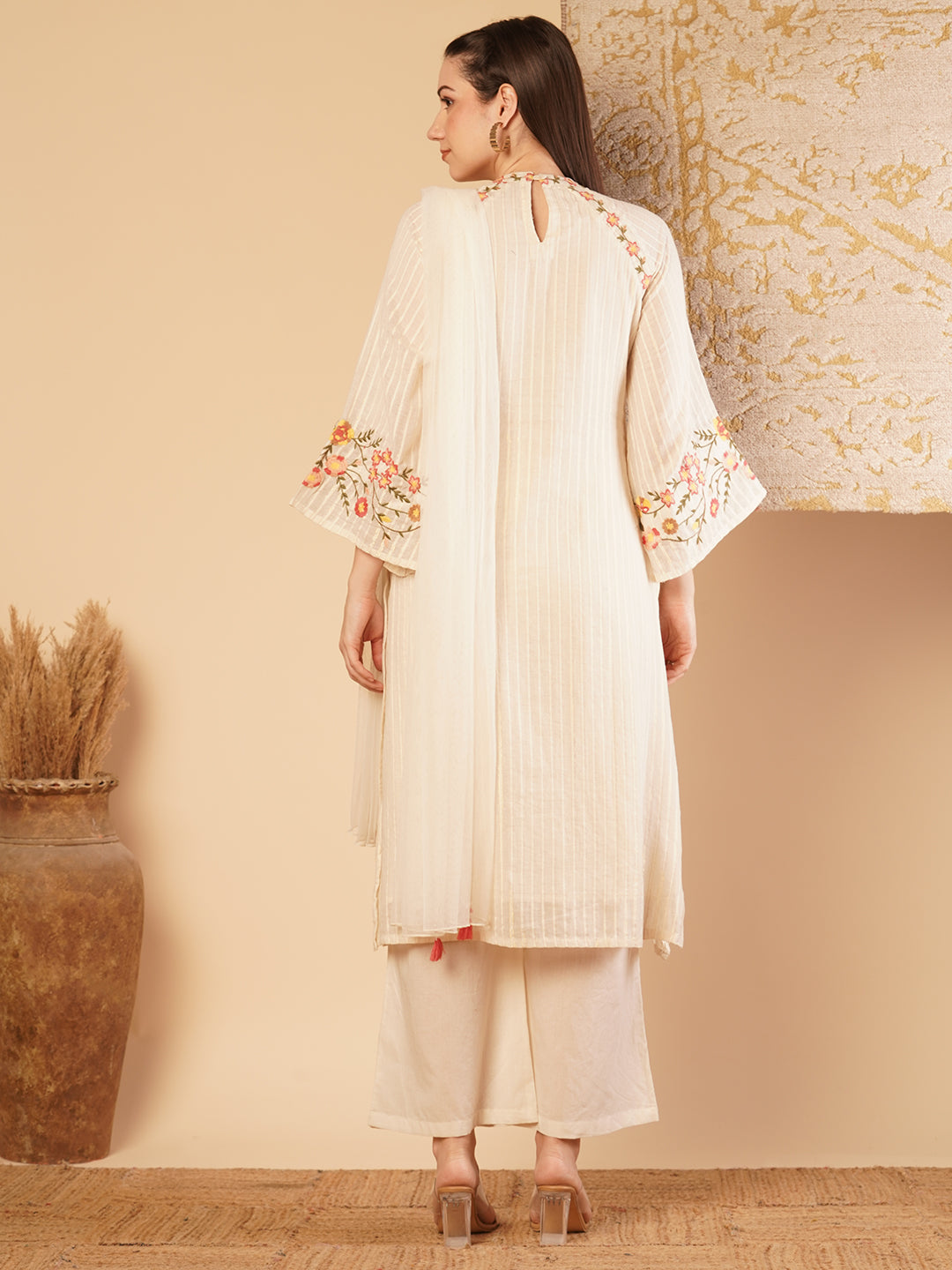 Solid Floral Embroidered Straight Fit Kurta with Palazzo & Dupatta - Off White